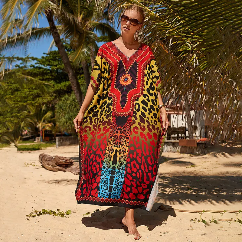 新款欧美宽松长袍桔绿豹点沙滩裙海边度假罩衫防晒衫女