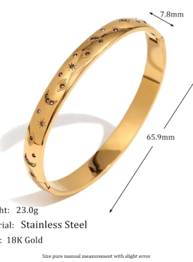 欧美气质小众简约八芒星圆点手饰不锈钢镀18k金星月眼睛白钻手镯