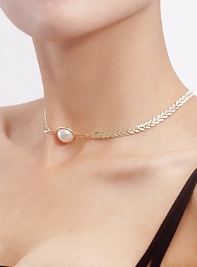 欧美饰品 时尚飞机链夸张几何仿珍珠项链女 复古风设计感项饰