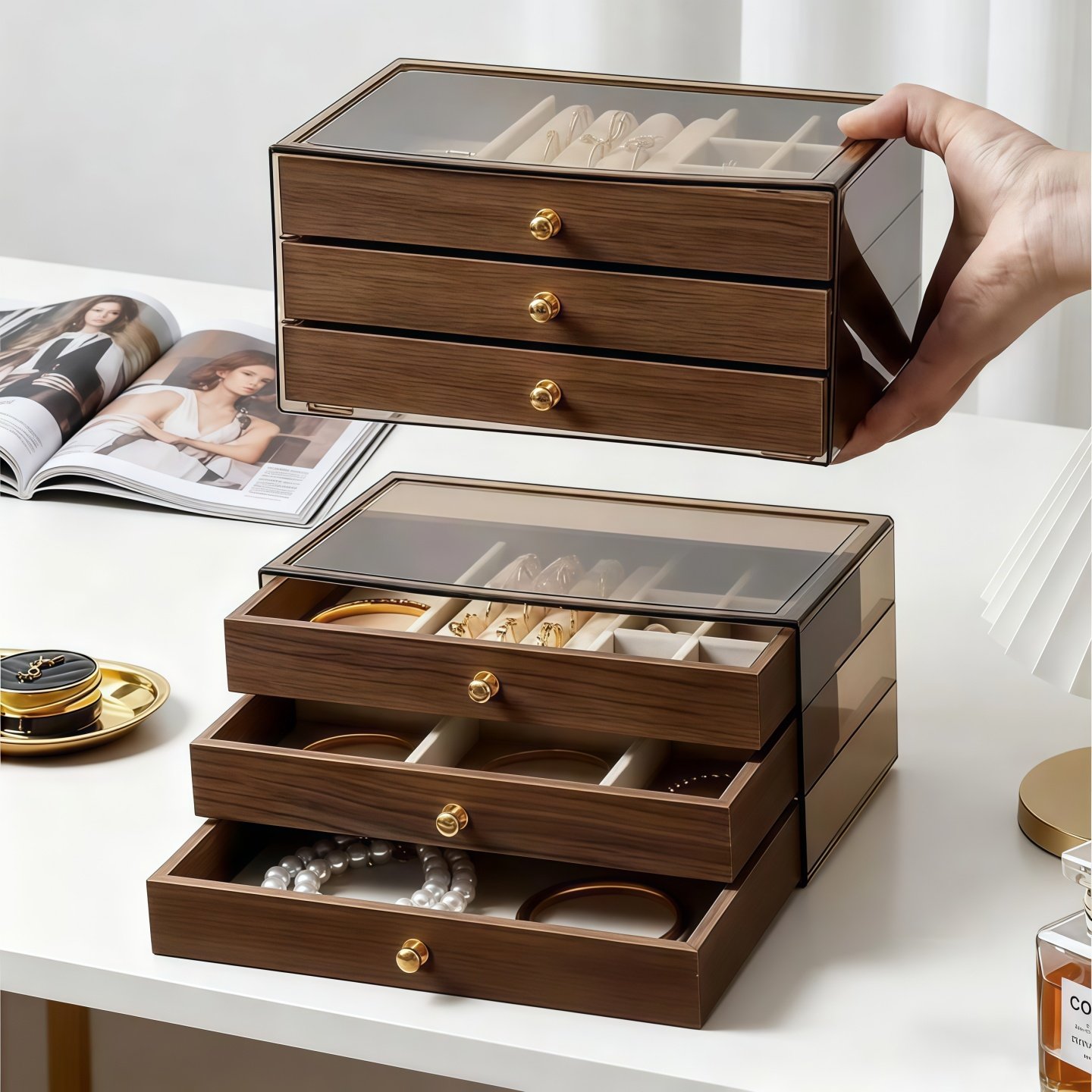 首饰收纳盒高档精致胡桃木纹大容量耳钉项链饰品头饰手饰收纳盒子,收纳整理,首饰盒,淘宝优惠券,粉丝福利购,淘宝优惠卷