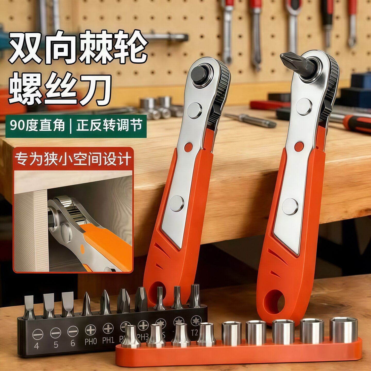 正反转棘轮螺丝刀直角拐弯器弯头磁性扳手组套十字一字短批头套装