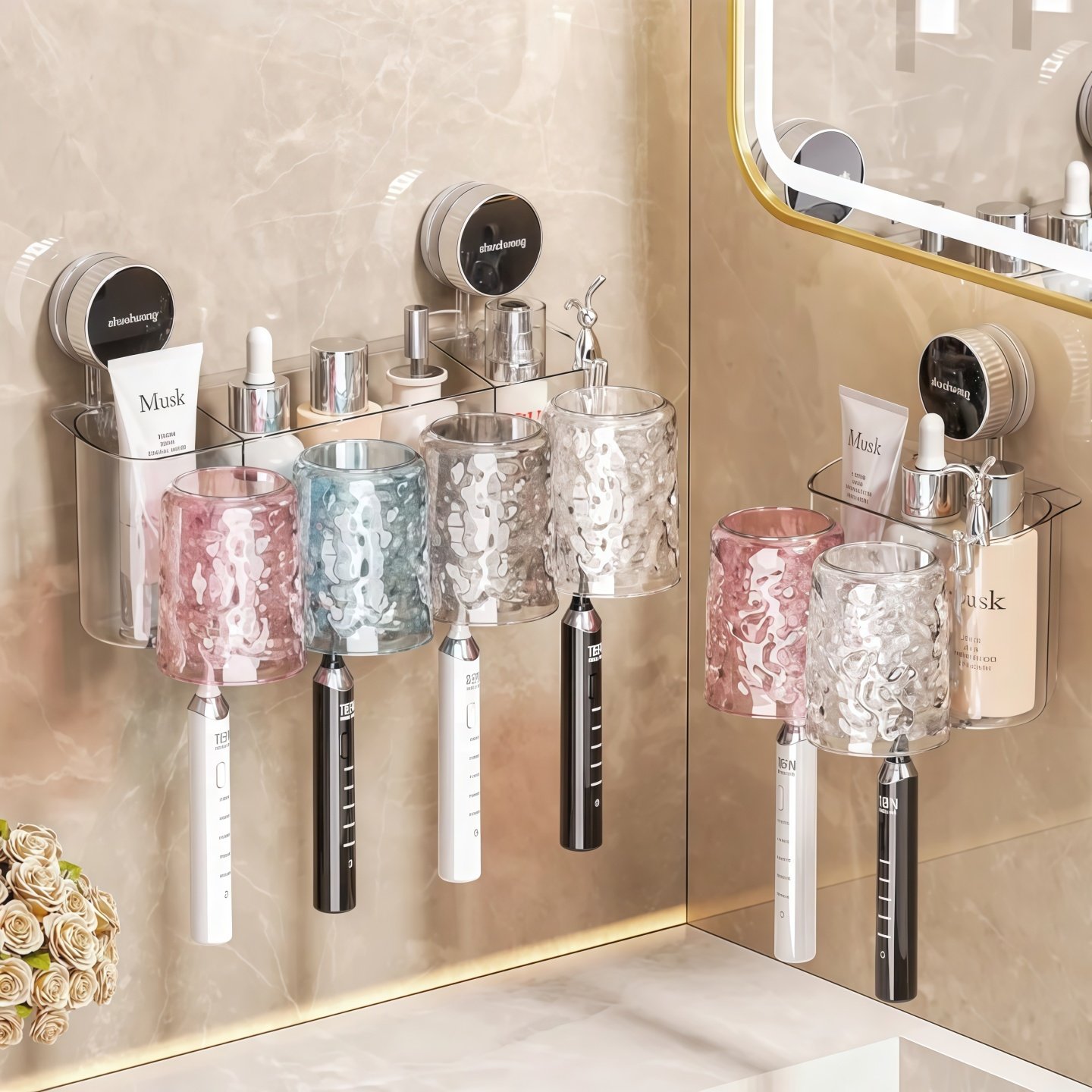 高颜值吸盘牙刷置物架壁挂式免打孔牙刷架新款卫生间刷牙杯漱口杯