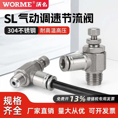 304不锈钢气动节流阀气缸调速接头气管快插SL8-02/6-01/10-03/04