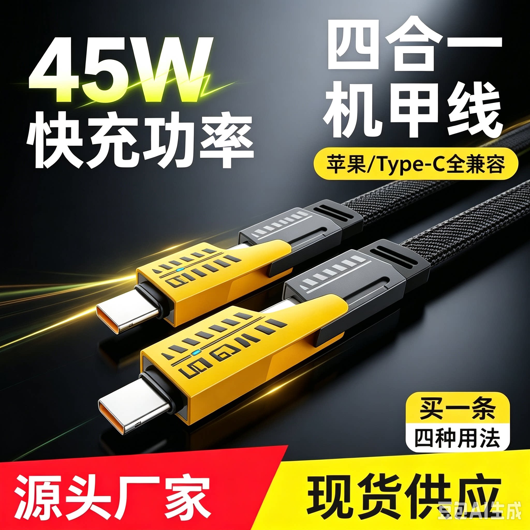 机甲四合一快充数据线二拖二充电线二合一适用苹果iphone16pro华为小米手机双typec车载65W多功能USB平板电脑