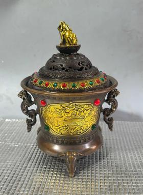 仿古鎏金双龙耳炉摆件做旧铜香炉室内装饰工艺品佛堂供奉礼佛
