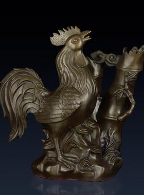 纯黄铜竹报平安鸡摆件中式铜鸡生肖鸡家居玄关办公室桌面装饰艺品