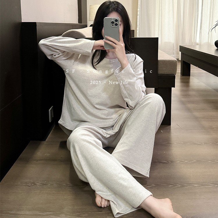 秋冬新款带胸垫睡衣磨毛加厚套装长袖宽松圆领套头显瘦女士家居服