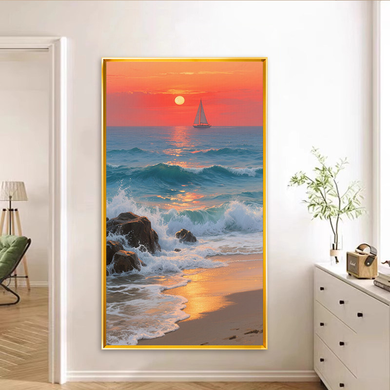 现代简约海景日落风景十字绣2026新款线绣手工满绣玄关客厅高级感