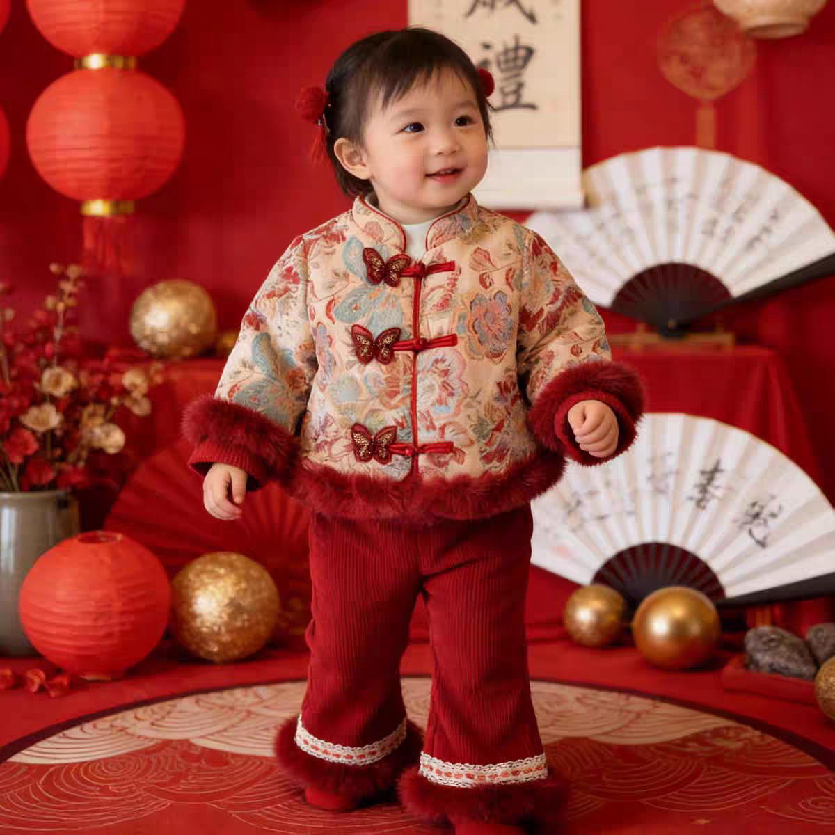 女童新中式拜年服套装加厚周岁礼服女宝宝洋气中国风新年装两件套