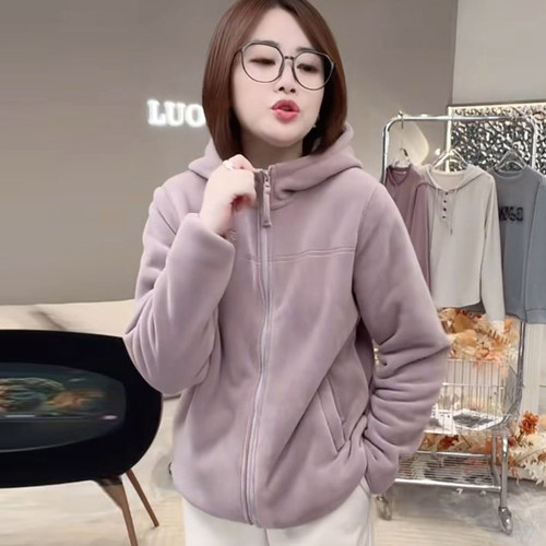 冬季新款双面绒保暖舒适休闲百搭加绒加厚连帽外套女防风开衫上衣