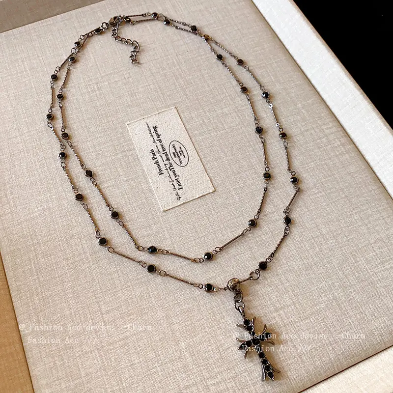 欧美双层镶钻十字架纹路项链小众ins嘻哈毛衣链辣妹设计百搭项饰