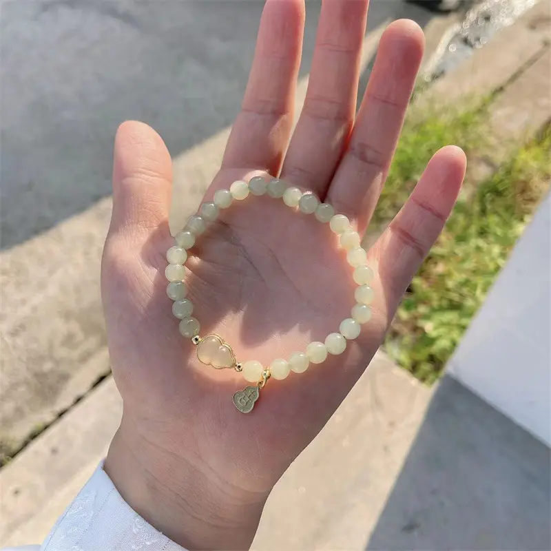 推荐天然和田玉珠子手链女福禄金镶玉葫芦古风翡翠转手串