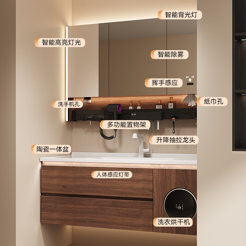 中古风浴室柜f可放小洗衣机洗手台洗脸陶瓷一体盆智能多功能置物图片