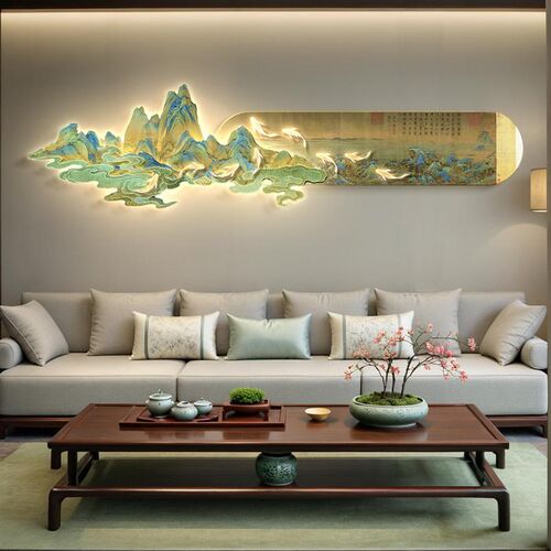 千里江山客厅挂画九鱼图新中式沙发背景K墙装饰画大气山水画壁画