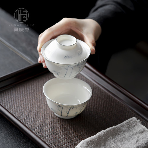 手绘墨竹一人f饮快客组(布袋装)一碗一杯白瓷盖碗泡茶碗旅行茶具