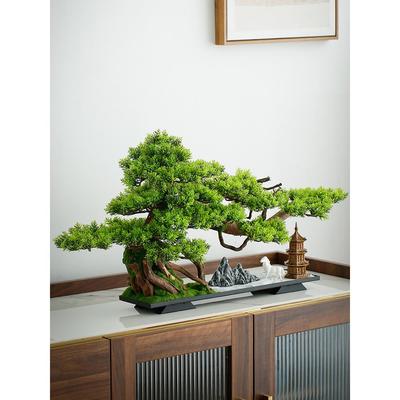 中式客厅盆景仿真迎客松绿植造景摆件办公室室内盆栽玄关桌面装饰