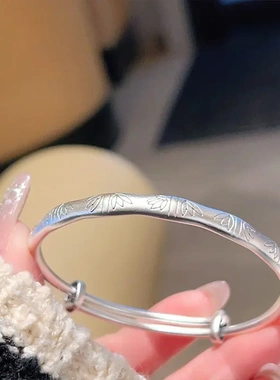 银手镯999纯银实心足银素圈竹节繁花似锦妈妈款银镯子母亲节礼物