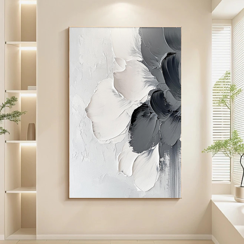 纯手绘油画黑白花卉立体肌理抽象挂画后现代轻奢书房客厅装饰画图片