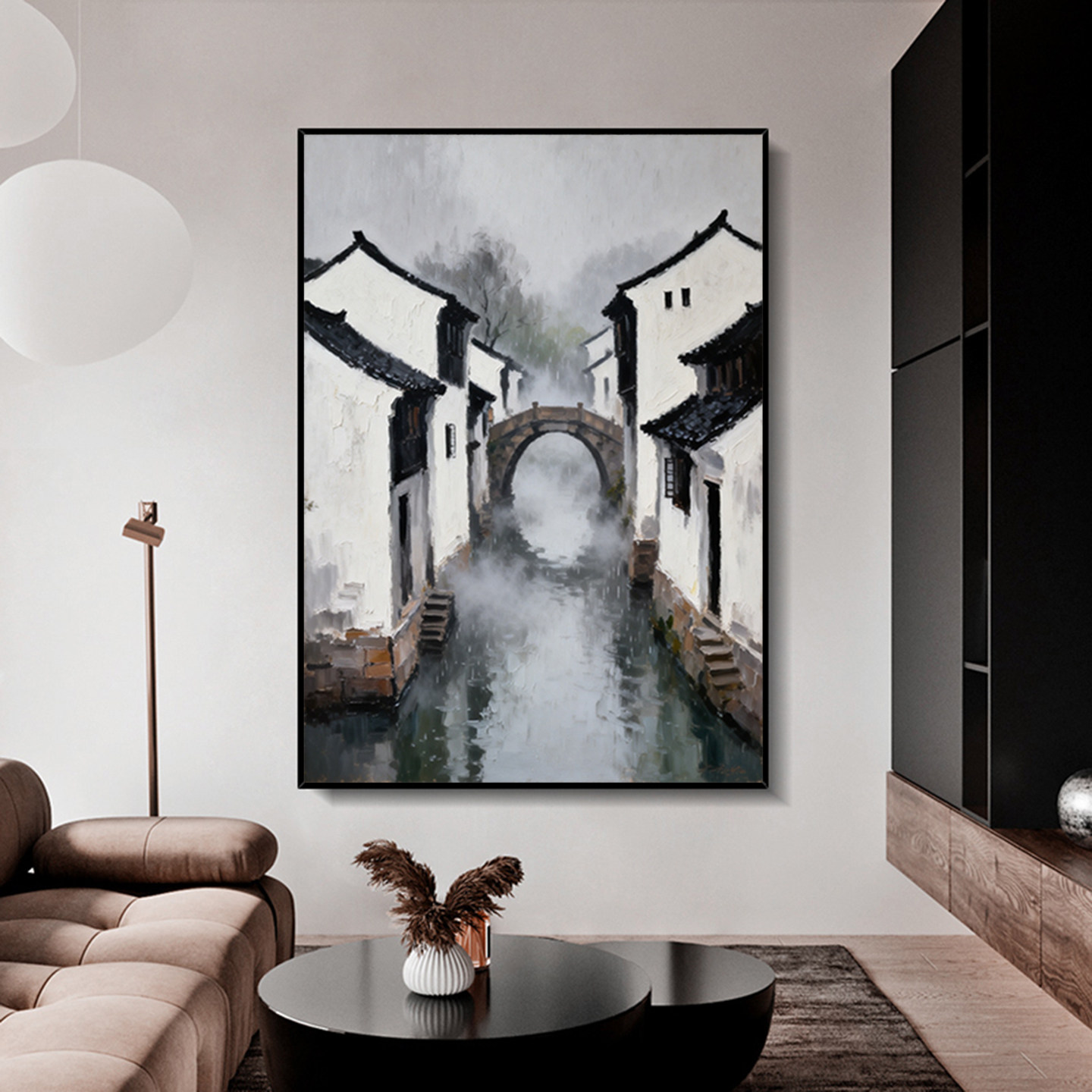 可班手绘油画烟雨江南玄关装饰画