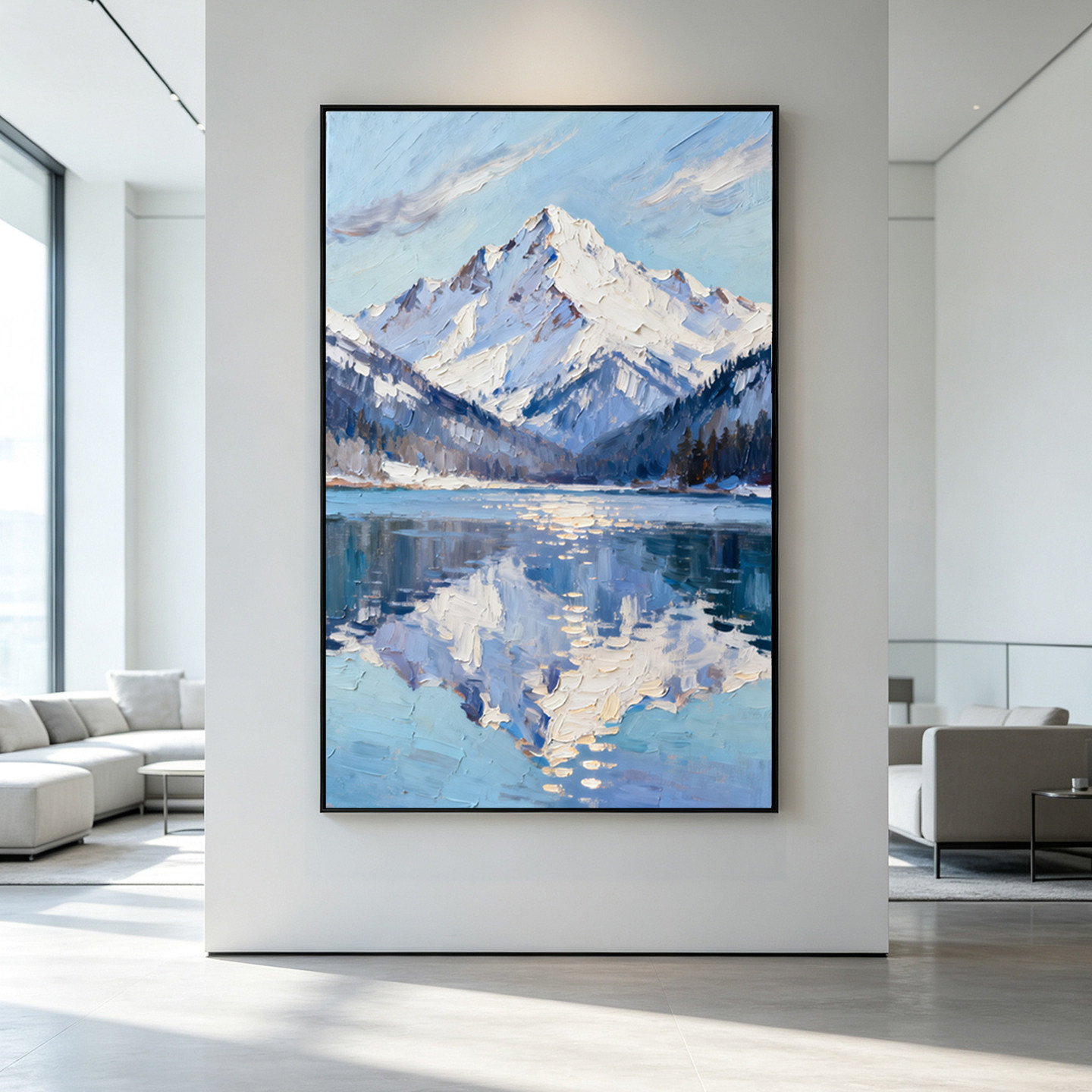 可班手绘油画雪山镜湖竖版装饰画
