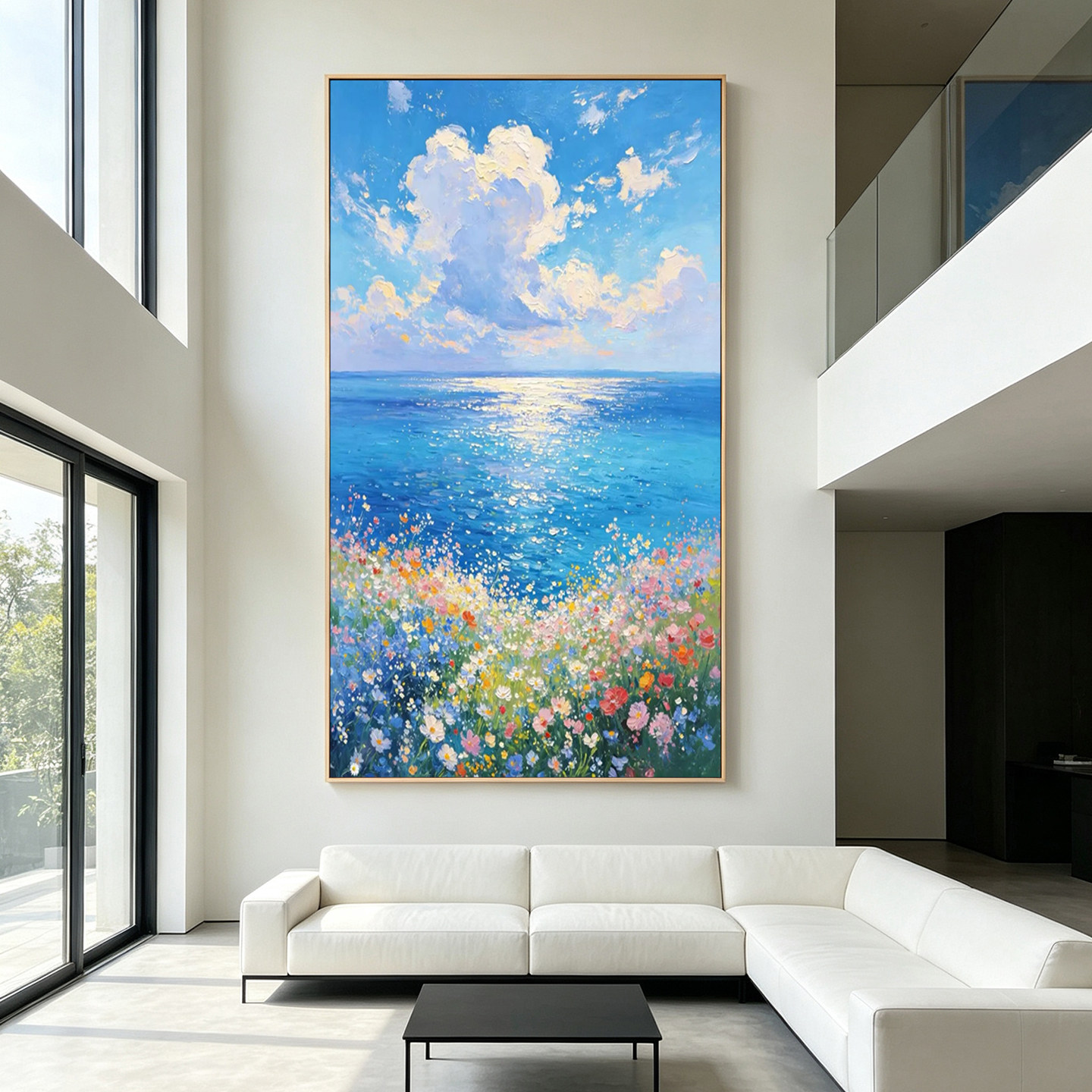 纯手绘刮刀厚涂油画海边缤纷花海碧海云天横版治愈风景客厅装饰画