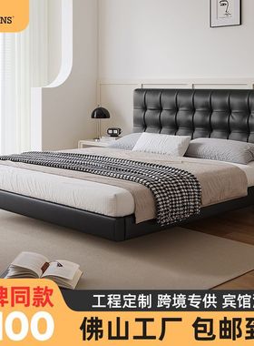 轻奢复古华夫格真皮床现代简约双人主卧室储物高箱皮艺床源头工厂