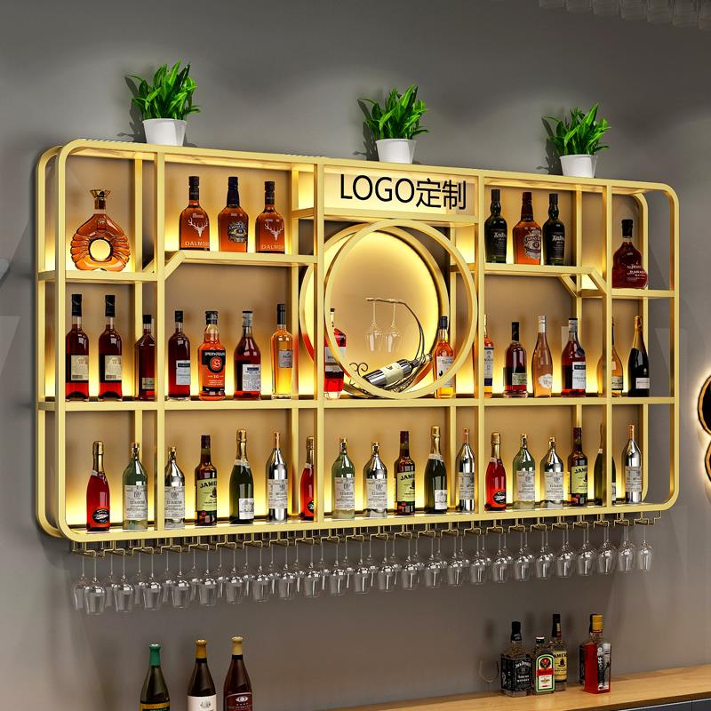 简约背景壁挂式酒架置物架酒吧铁艺发光展示架子创意餐厅红酒酒柜