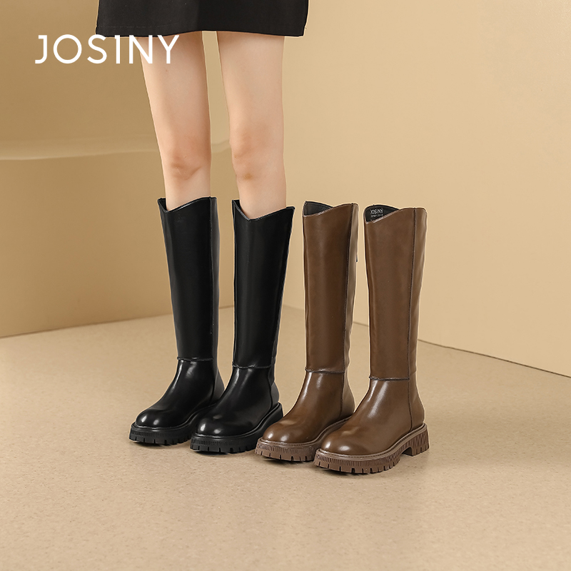 卓诗尼时尚V口不过膝长靴秋冬新款切尔西靴加绒百搭厚底时装靴子