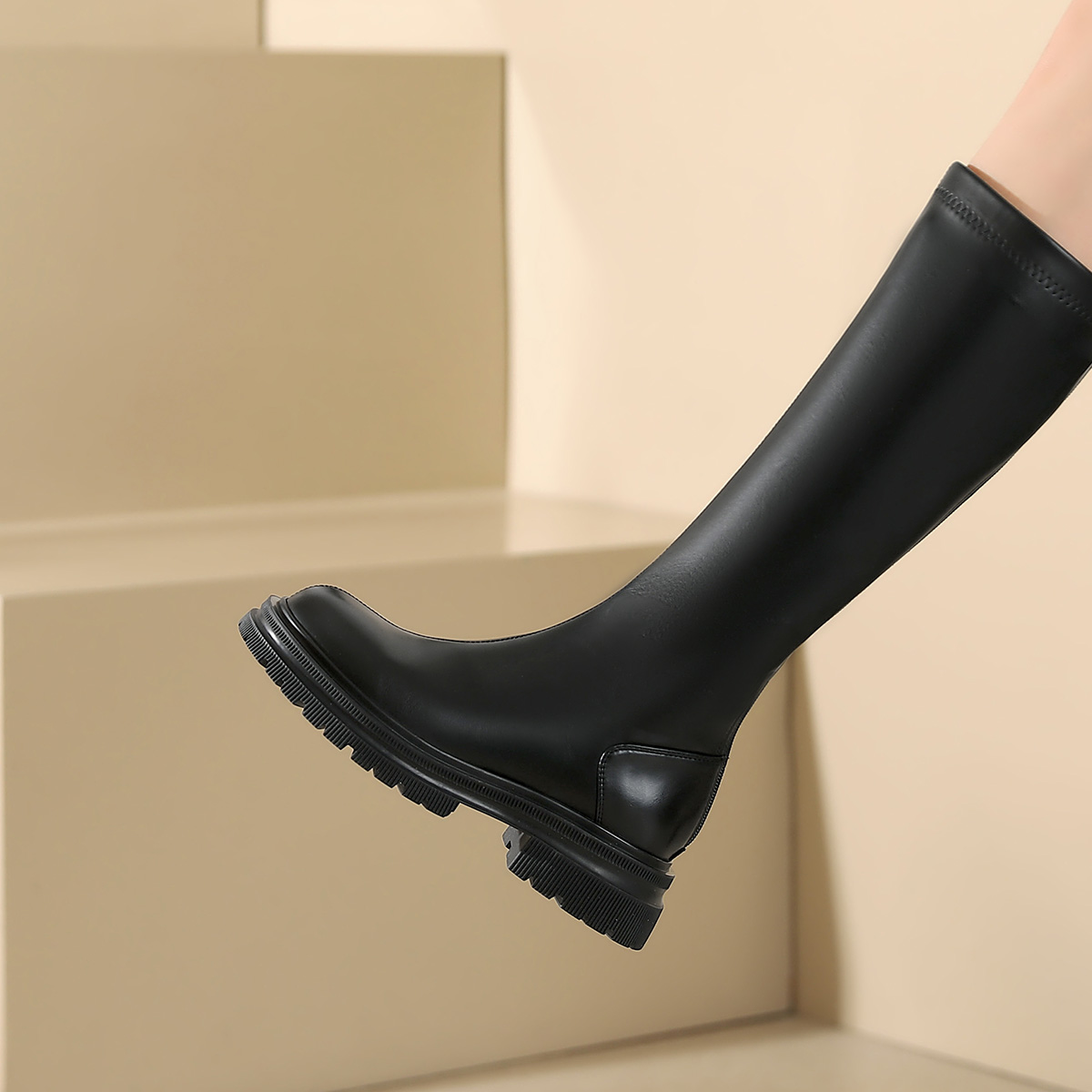 卓诗尼厚底长筒靴女夏季2025春秋新款不过膝小个子骑士黑色长靴女