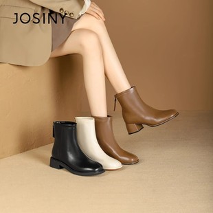 卓诗尼高跟靴子方头时装靴女秋冬新款加绒粗跟短靴女通勤百搭单靴