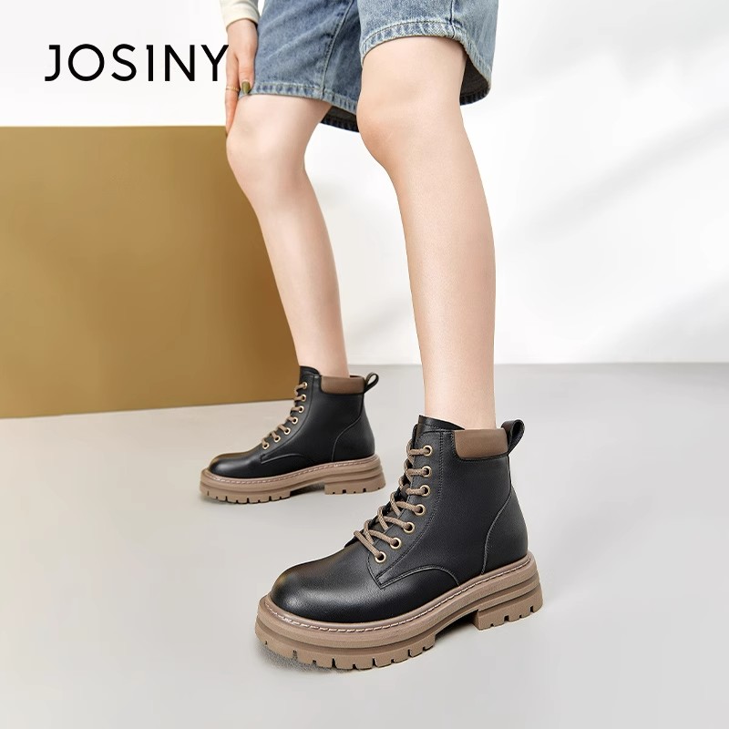 卓诗尼女鞋秋冬新款粗跟短靴女英伦百搭厚底马丁靴时尚加绒大黄靴