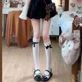 日系芭蕾风甜美Lolita蝴蝶结白色中筒袜蕾丝花边百搭JK小腿袜黑色