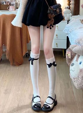 日系芭蕾风甜美Lolita蝴蝶结白色中筒袜蕾丝花边百搭JK小腿袜黑色