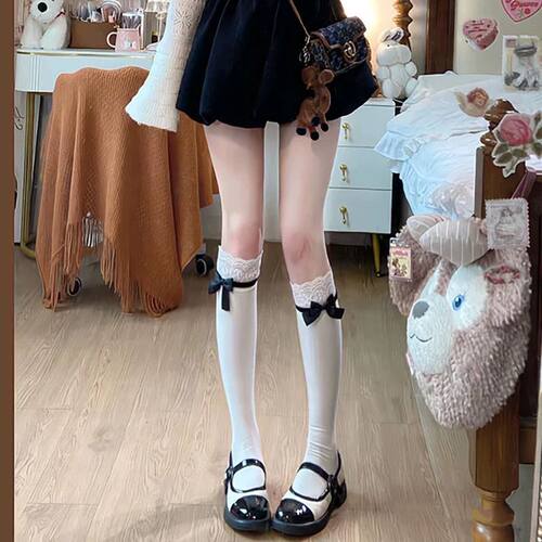 日系芭蕾风甜美Lolita蝴蝶结白色中筒袜蕾丝花边百搭JK小腿袜黑色