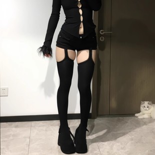 黑色四面吊带立体花边天鹅绒性感连裤袜大腿两侧挖洞假吊带打底袜