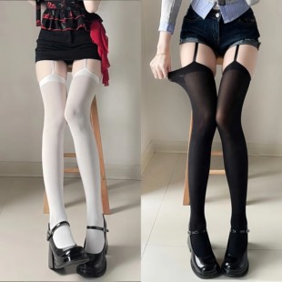 y2k辣妹风白色吊带袜女天鹅绒jk长筒白丝过膝袜子亚文化丝袜性感