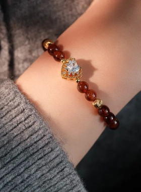 镂空锆石爱心橙石榴石圆球手链轻奢高级时尚百搭手环简约闺蜜手饰