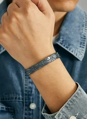 设计祥云转运手镯男士复古百搭纯银开口手环手工做旧镯子饰品