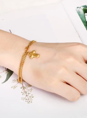 不锈钢女生时尚金色心形双层手链沙滩度假几何形钛钢手饰