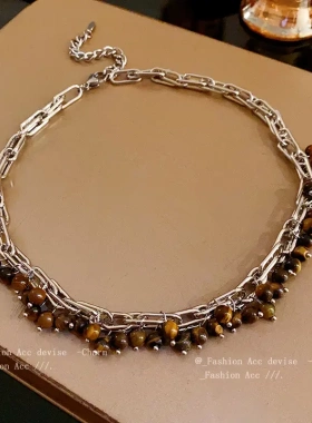 虎眼石链条几何项链2023新款时尚气质锁骨链小众设计感饰品女