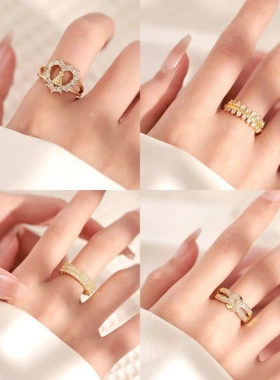 欧美设计ins铜镀18k金锆石几何戒指女简约个性冷淡风开口指环
