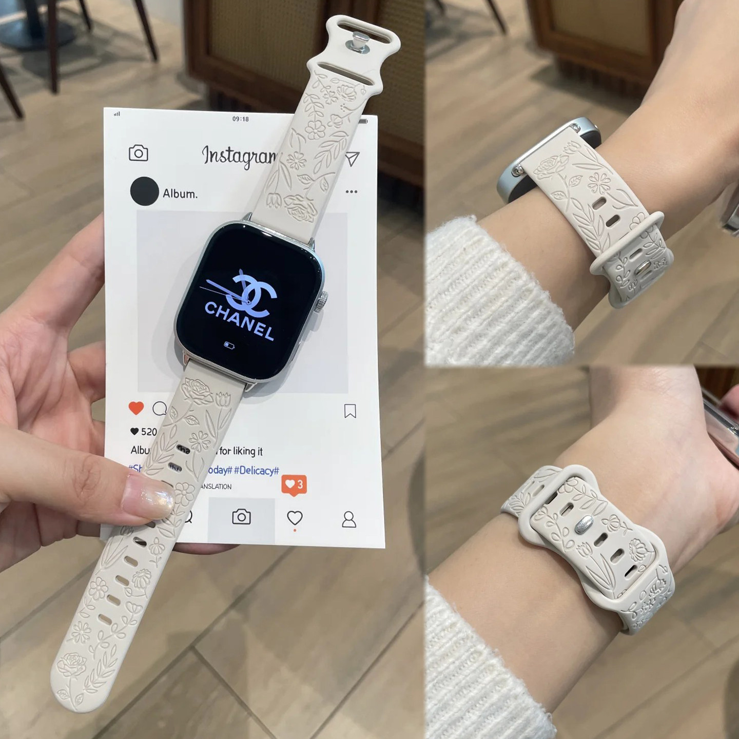 适用红米watch6/5高级玫瑰浮雕液态硅胶表带Redmi4小米9Pro/8Pro高质感苹果s11s10S98se舒适华为FIT4运动fit3