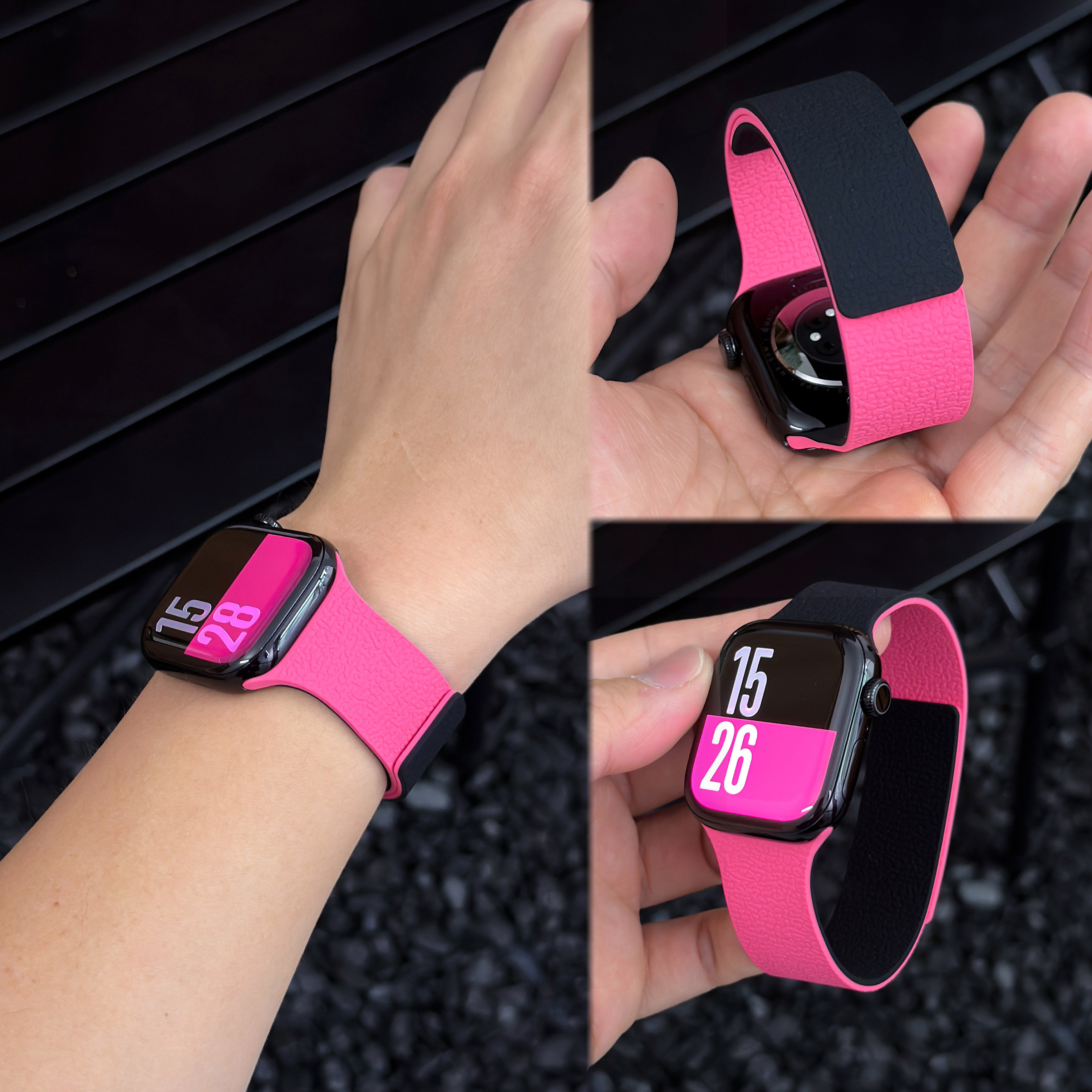 适用iWatchS11新款华为FIT5高级双色荔枝纹硅胶软磁吸表带苹果S10s9S8se智能Fit4/3红米Watch6/5小米9Pro夏天
