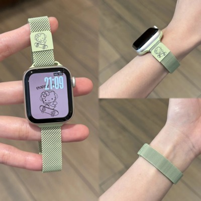 适用iWatchs11表带新款苹果s10滑板KT猫米兰尼斯钢带S987金属磁吸表带小米9Pro华为Fit3夏天FIT4小米9代8透气