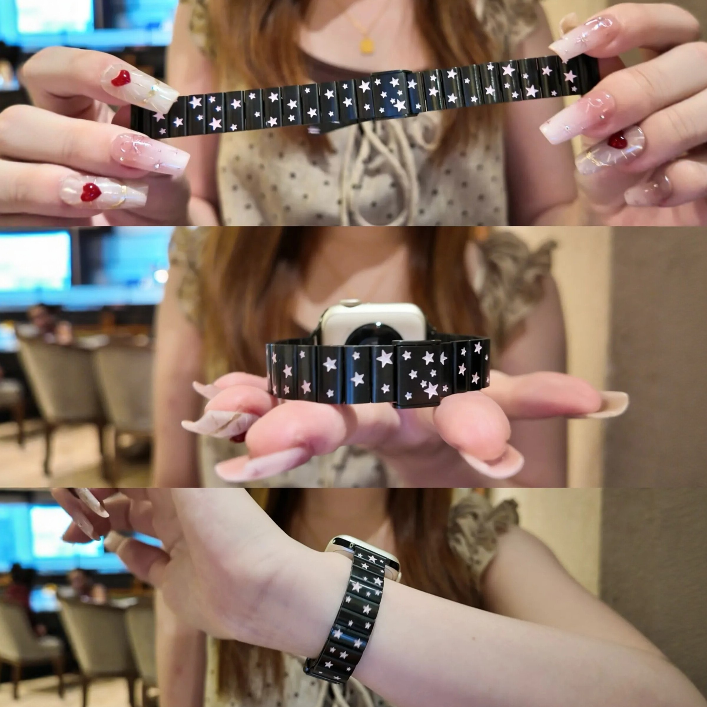 适用iWatchs11新款华为Fit5韩女星星印花一株金属表带applewatchs10S98se女款钢带FIT4小米10Pro红米65高级感