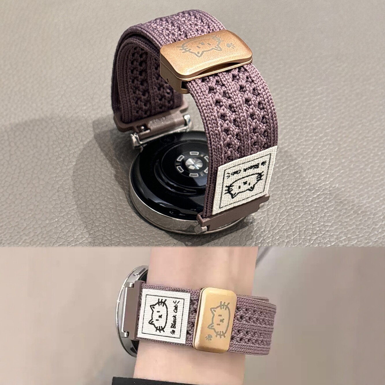 适用华为GT5手表Watch5新款卡通小猫插画针织磁吸gt4表带GT3/2编织透气Fit3智能FIT4夏天OPPOWatchX2Mini可爱