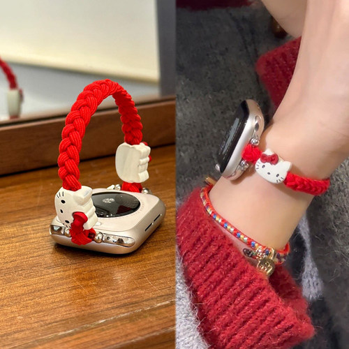 适用华为FIT4新款fit3可爱Kitty弹力绳编织发圈表带Fit4Pro透气iWatchs11苹果s10S9se舒适小米9Pro红米54夏天