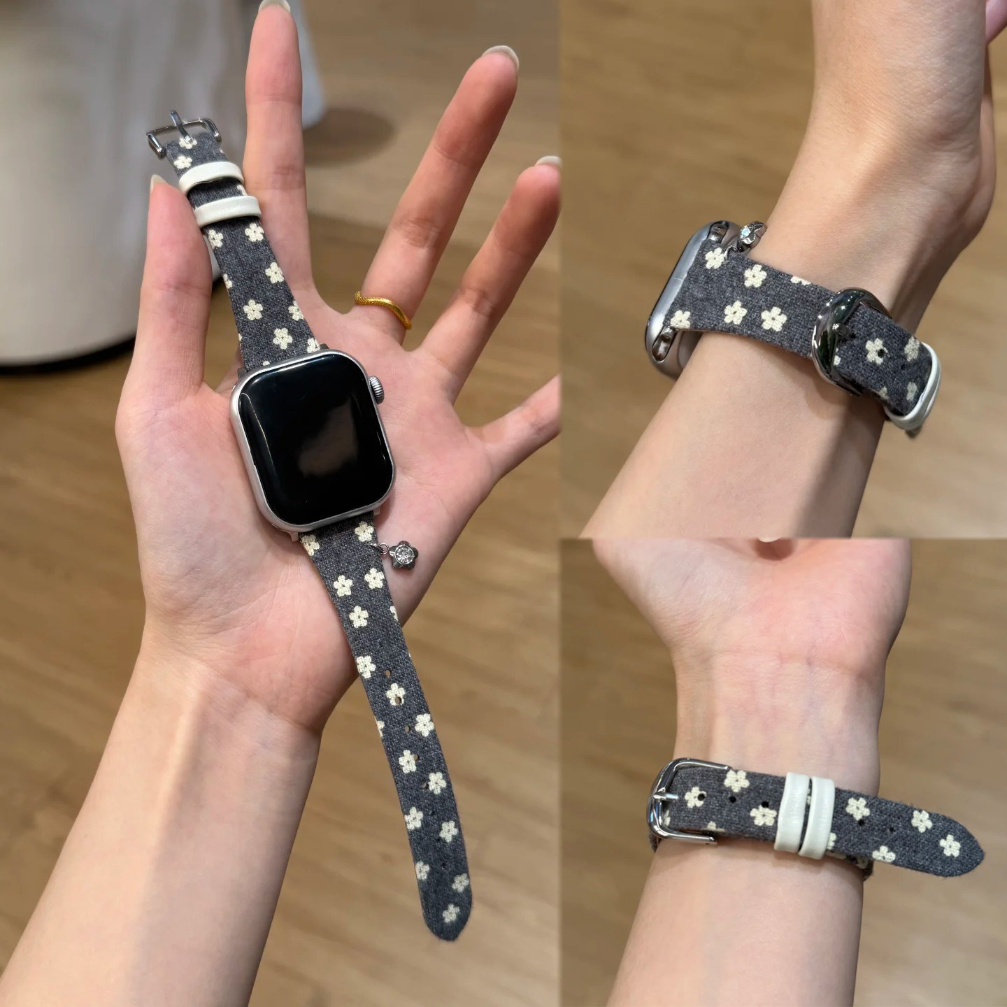 【韩系碎花星星吊坠】适用iWatchS12苹果S11手表秋冬帆布表带applewatchs10S98se华为FIT5复古Fit4文艺高级感