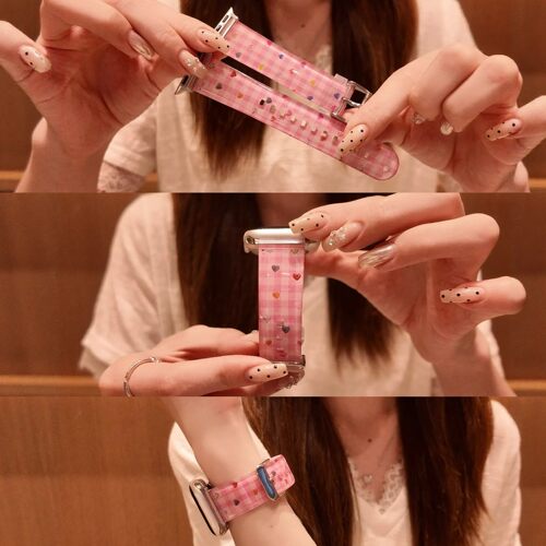 适用iWatchs11古早心型格子果冻TPU运动表带苹果s10S987se华为FIT5小众女孩FIT4小米10Pro9Pro红米65高级夏天