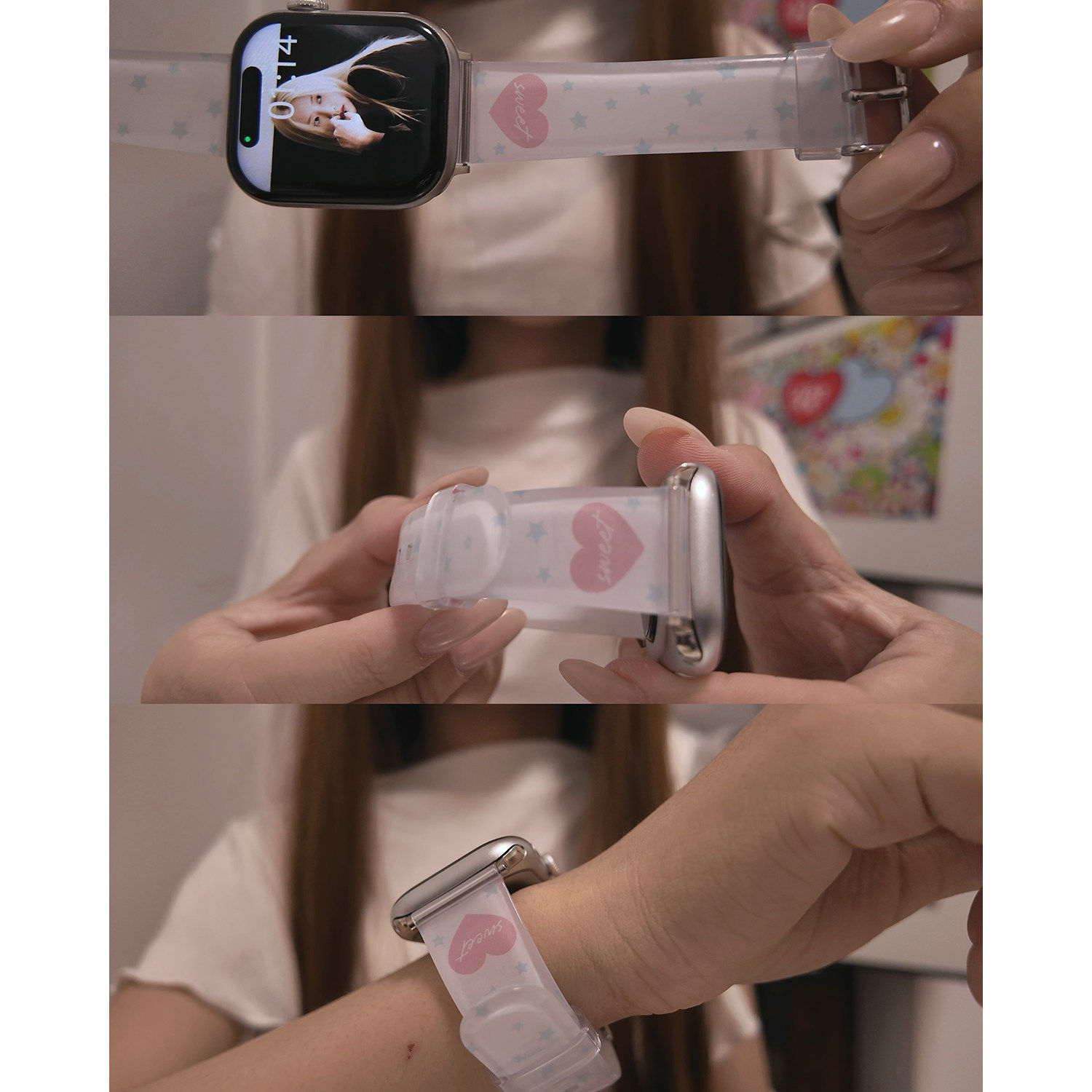 适用iWatchs11代韩女蓝色星星夏天果冻硅胶表带苹果s10987se华为FIT5创意FIT4/3小米9Pro透气红米6/5小众运动